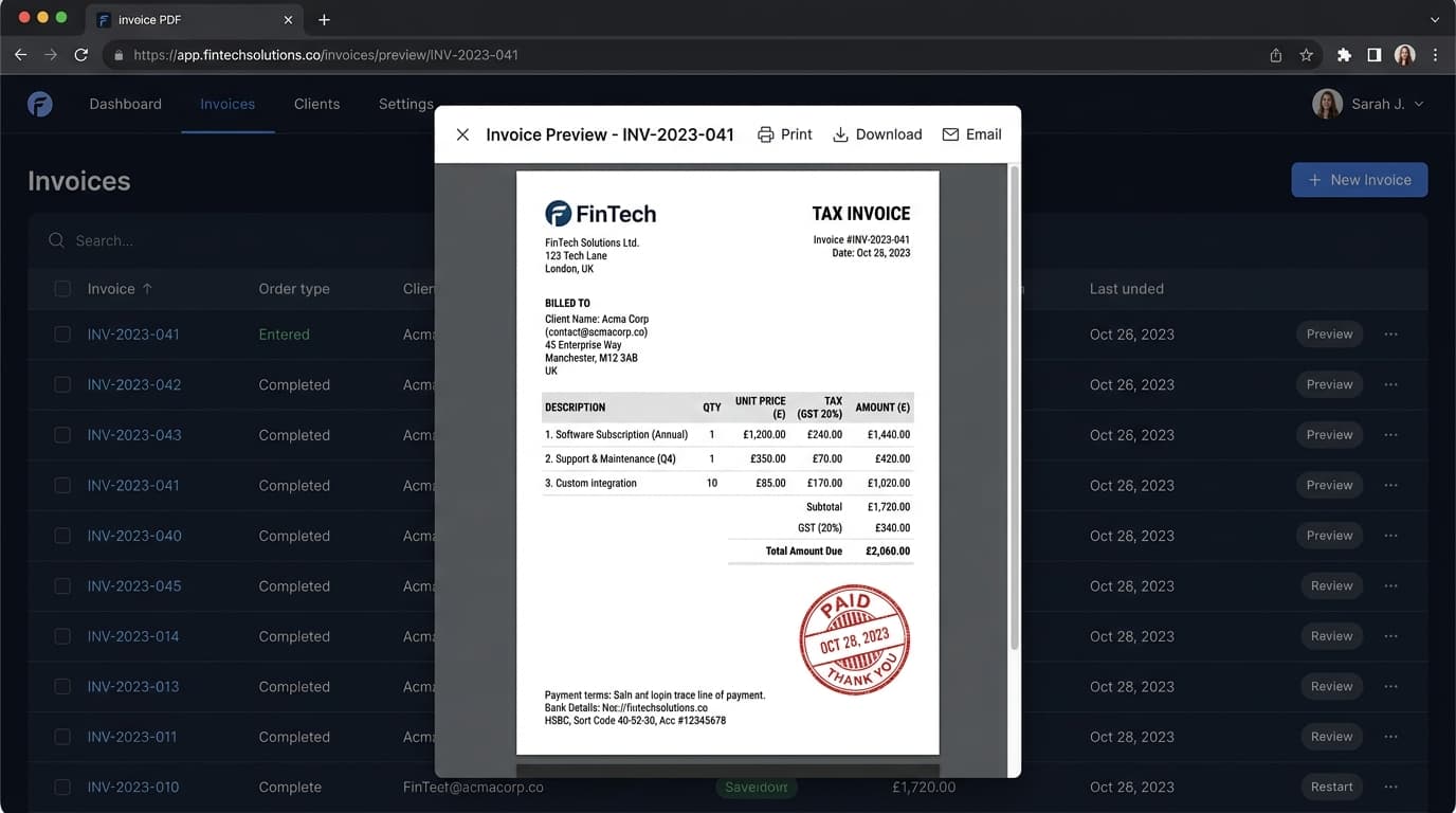 Generated PDF invoice preview with clean branding and GST fields