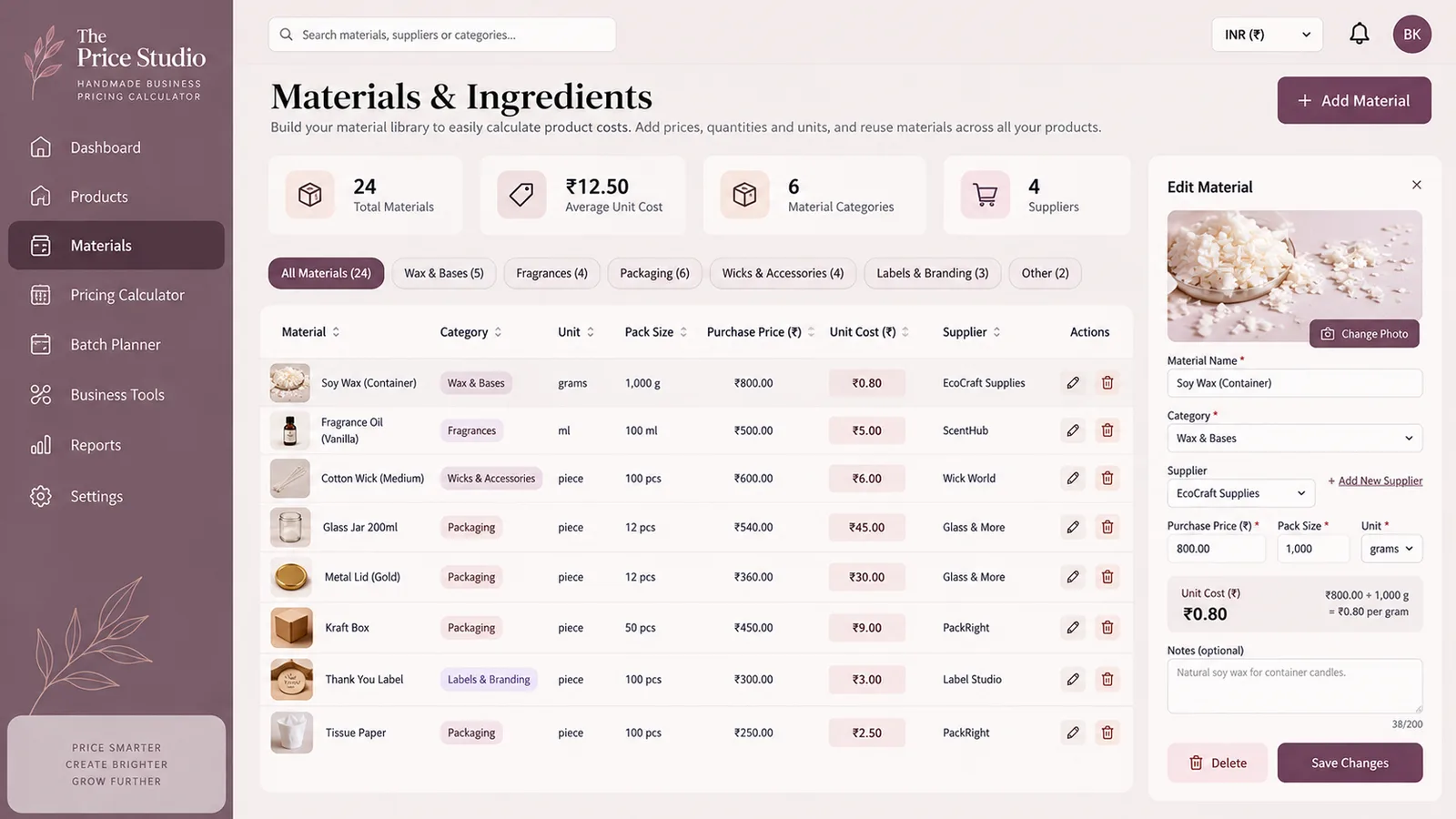 The Price Studio Materials Dashboard